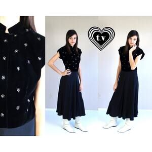 vintage 30s Black VELVET Rhinestone Flowers COCKTAIL DRESS Medium party holiday